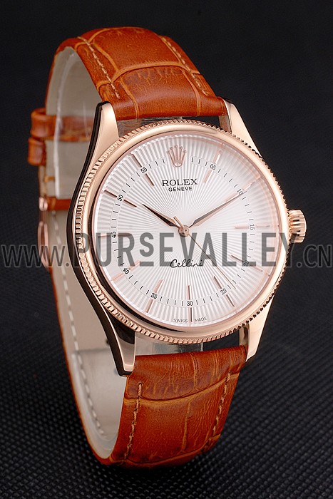 Swiss Rolex Cellini White Dial Rose Gold Case Brown Leather Strap