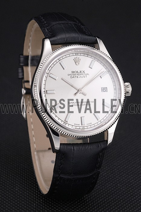 Swiss Rolex Datejust White Dial Stainless Steel Case Black Leather Strap