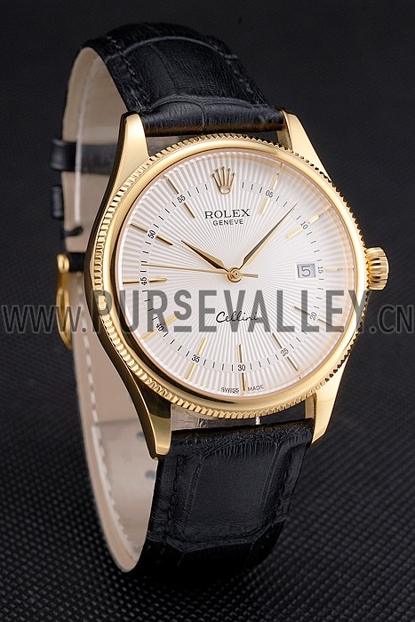 Swiss Rolex Cellini Date White Dial Gold Case Black Leather Strap
