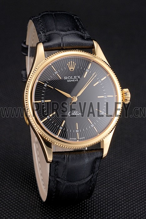 Swiss Rolex Cellini Black Dial Gold Markings Gold Case Black Leather Strap