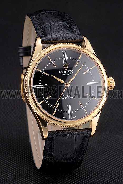 Swiss Rolex Cellini Black Dial Roman Numerals Gold Case Black Leather Strap