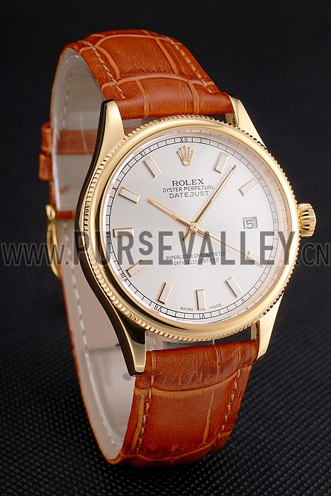 Swiss Rolex Datejust White Dial Gold Case Light Brown Leather Strap