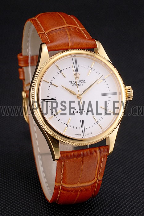 Swiss Rolex Cellini White Dial Roman Numerals Gold Case Light Brown Leather Strap
