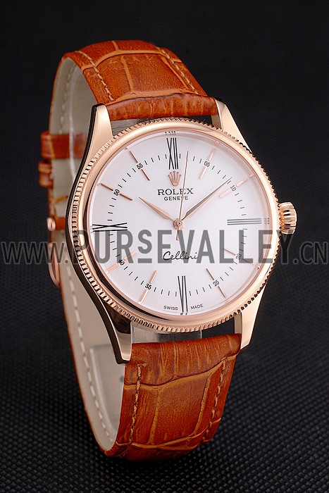 Swiss Rolex Cellini White Dial Roman Numerals Rose Gold Case Light Brown Leather Strap