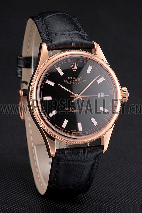 Swiss Rolex Datejust Black Dial Rose Gold Case Black Leather Strap