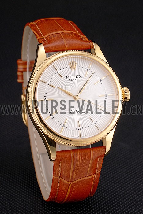 Swiss Rolex Cellini White Guilloche Dial Gold Case Light Brown Leather Strap