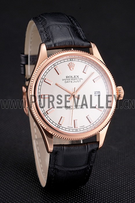 Swiss Rolex Datejust White Dial Rose Gold Case Black Leather Strap