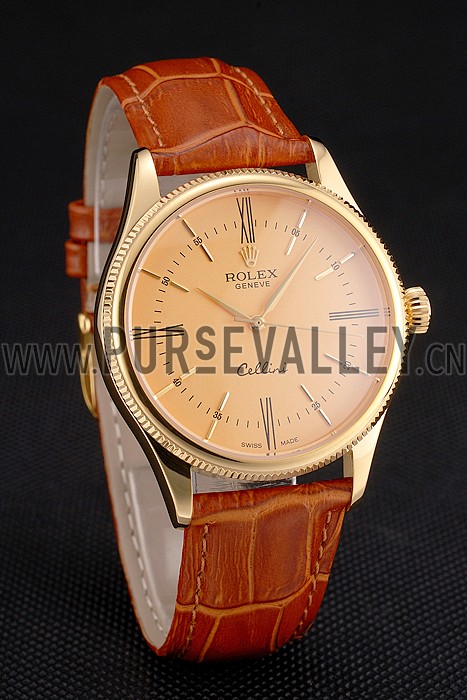 Swiss Rolex Cellini Gold Dial Roman Numerals Gold Case Light Brown Leather Strap