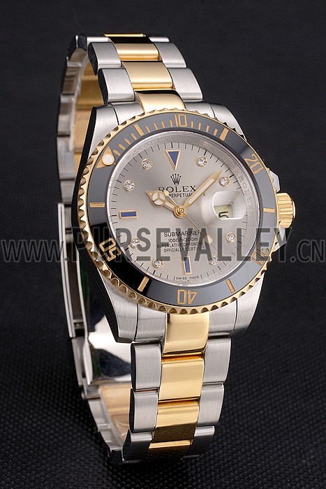 Swiss Rolex Submariner Silver Dial Diamond Markings Black Bezel Two Tone Steel Gold Bracelet
