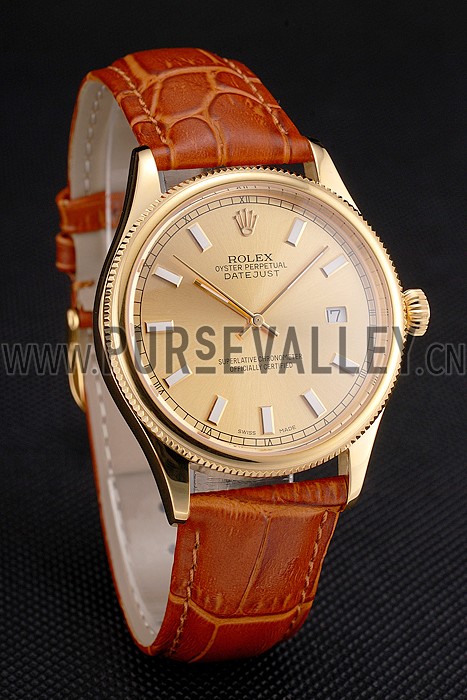 Swiss Rolex Datejust Gold Dial Gold Case Light Brown Leather Strap