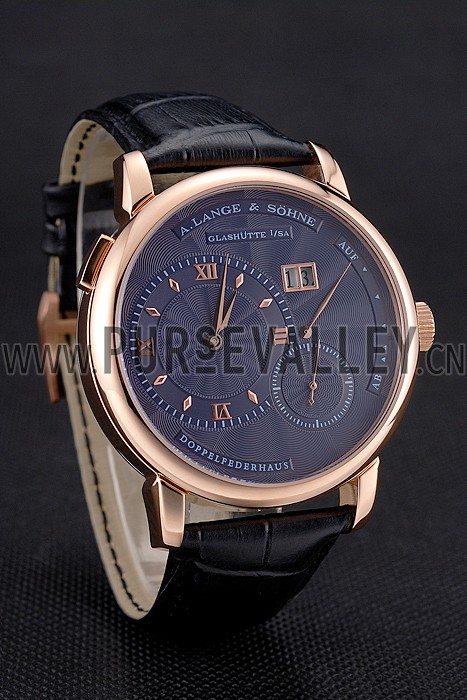 A. Lange & Sohne Lange 1 Blue Dial Rose Gold Case Black Leather Strap