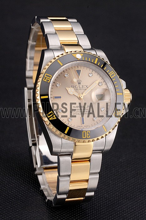 Swiss Rolex Submariner Gold Dial Diamond Markings Black Bezel Two Tone Steel Gold Bracelet
