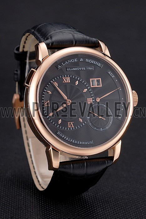A. Lange & Sohne Lange 1 Black Dial Rose Gold Case Black Leather Strap