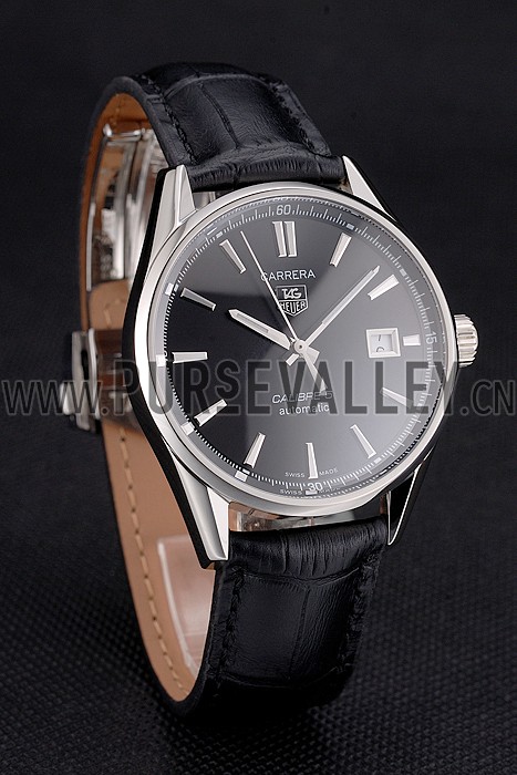 Swiss Tag Heuer Carrera Calibre 5 Black Dial Stainless Steel Case Black Leather Strap