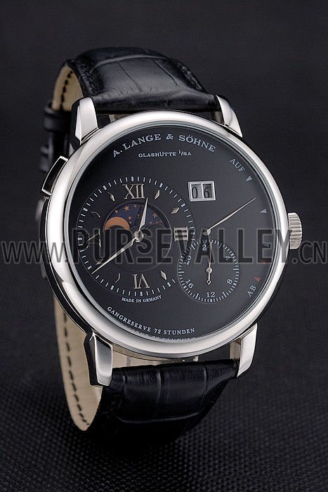 A. Lange & Sohne Grand Lange 1 Moon Phase Black Dial Stainless Steel Case Black Leather Strap