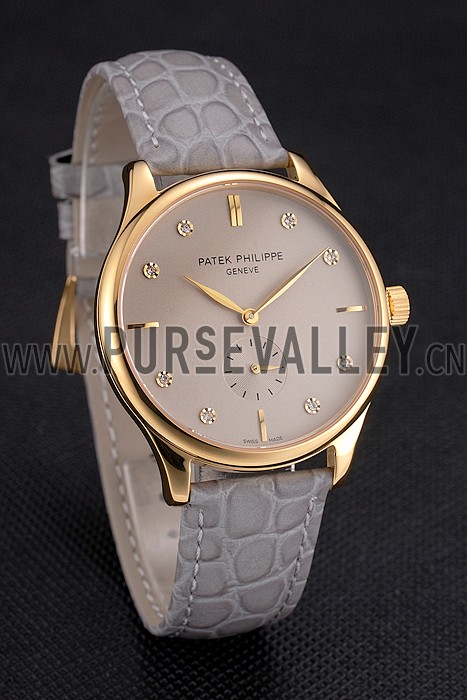 Patek Philippe Calatrava Gray Dial Diamond Markings Gold Case Gray Leather Strap