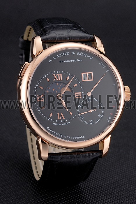 A. Lange & Sohne Grand Lange 1 Moon Phase Black Dial Rose Gold Case Black Leather Strap