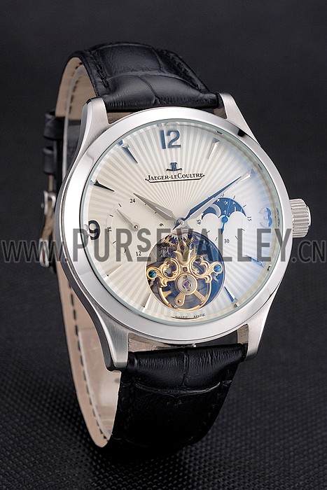 Jaeger LeCoultre Master Moonphase Tourbillon White Dial Stainless Steel Case Black Leather Strap
