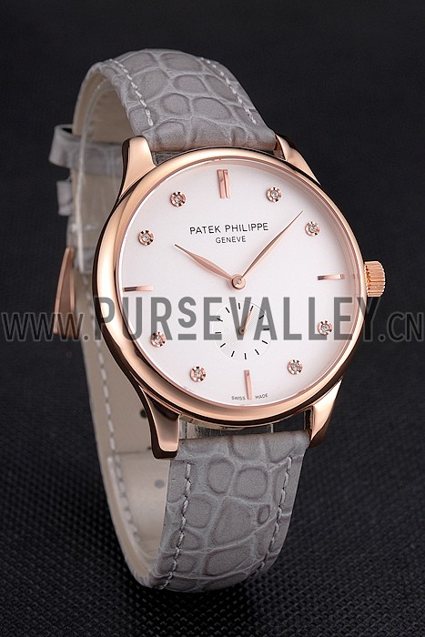 Patek Philippe Calatrava White Dial Diamond Markings Rose Gold Case Gray Leather Strap