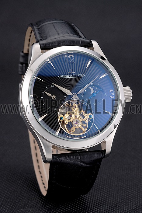 Jaeger LeCoultre Master Moonphase Tourbillon Black Dial Stainless Steel Case Black Leather Strap