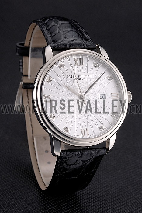 Patek Philippe Calatrava Date White Embossed Dial Stainless Steel Case Black Leather Strap