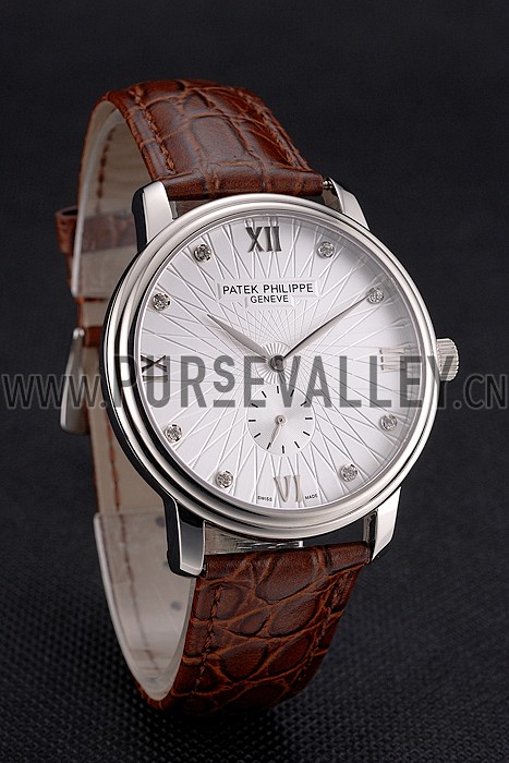 Patek Philippe Calatrava Date White Embossed Dial Stainless Steel Case Brown Leather Strap