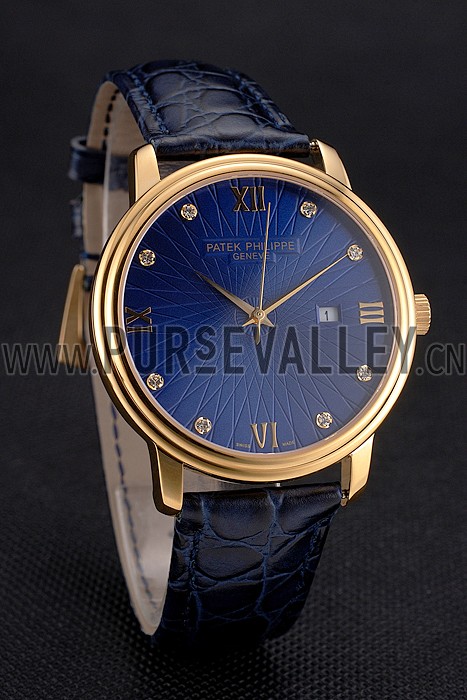 Patek Philippe Calatrava Date Blue Embossed Dial Gold Case Blue Leather Strap