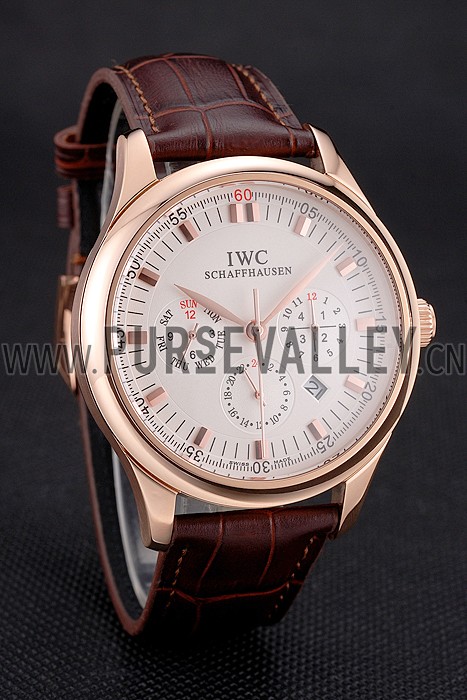 Swiss IWC Portugieser Perpetual Calendar White Dial Rose Gold Case Brown Leather Strap