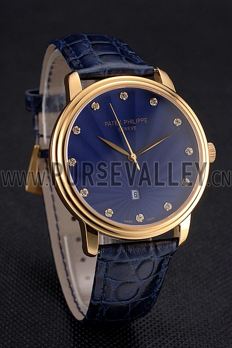 Patek Philippe Calatrava Date Blue Guilloche Dial Gold Case Blue Leather Strap