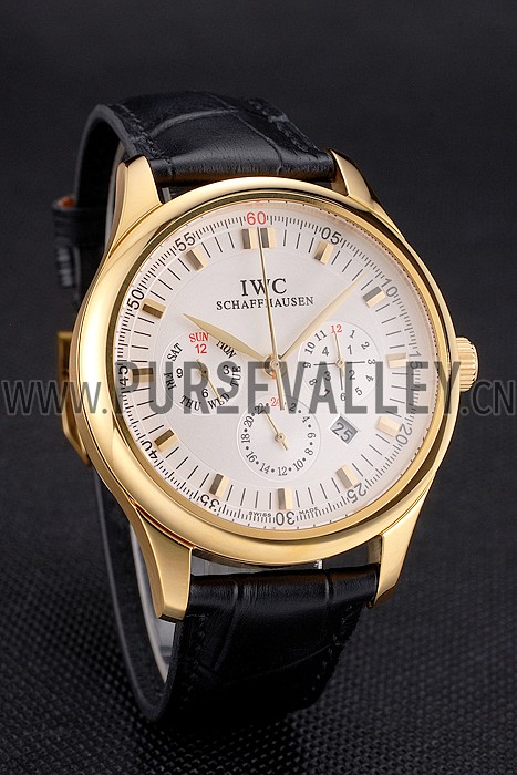 Swiss IWC Portugieser Perpetual Calendar White Dial Gold Case Black Leather Strap