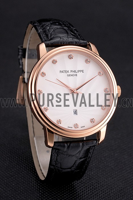 Patek Philippe Calatrava Date White Dial Rose Gold Case Black Leather Strap