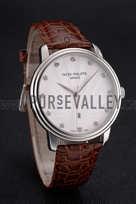 Patek Philippe Calatrava Date White Dial Stainless Steel Case Brown Leather Strap