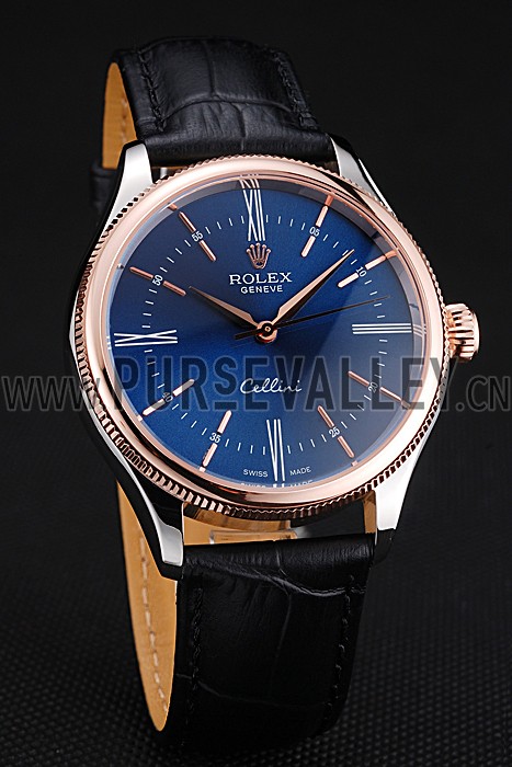 Rolex Cellini Blue Dial Gold Bezel Stainless Steel Case Black Leather Strap 622841