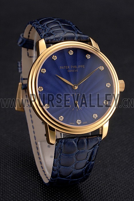 Patek Philippe Calatrava Blue Guilloche Dial Gold Case Blue Leather Strap