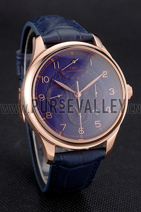 Swiss IWC Portugieser Power Reserve Blue Dial Rose Gold Case Blue Leather Strap