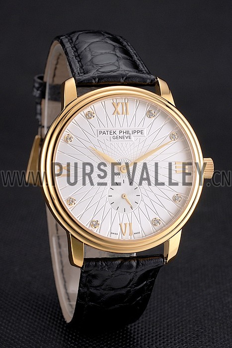 Patek Philippe Calatrava White Embossed Dial Gold Case Black Leather Strap