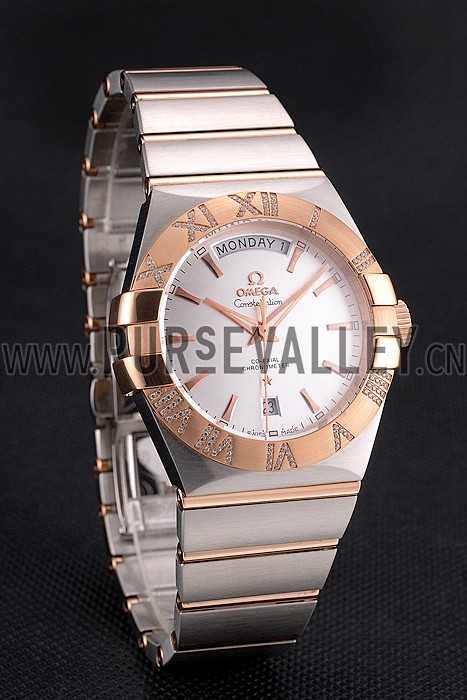 Swiss Omega Constellation White Dial Stainless Steel Case Rose Gold Bezel Two Tone Bracelet