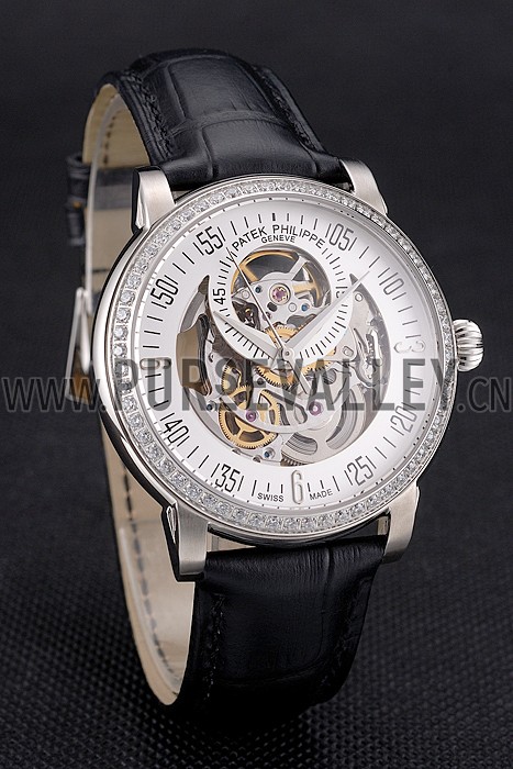 Swiss Patek Philippe Complications Openworked Dial Diamond Bezel Stainless Steel Case Black Leather Strap
