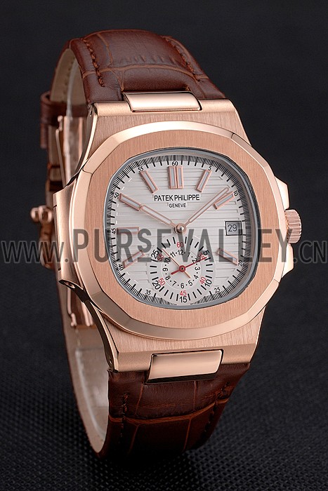 Patek Philippe Nautilus White Dial Rose Gold Case Brown Leather Strap
