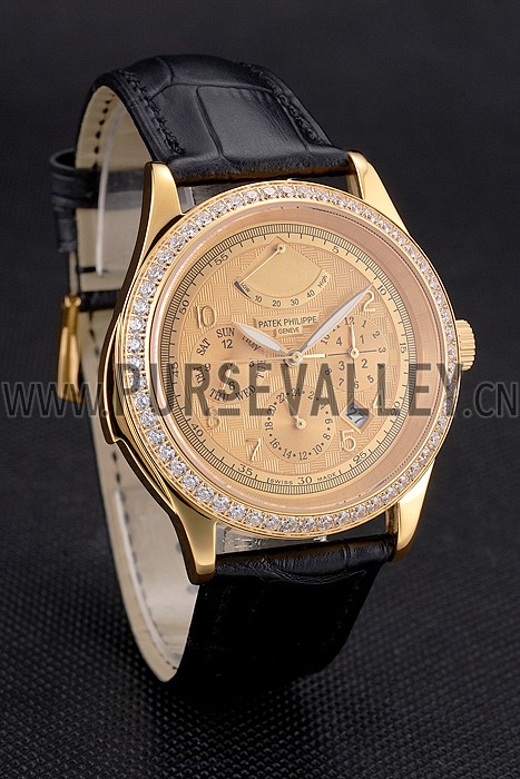 Swiss Patek Philippe Grand Complications Power Reserve Gold Dial And Case Diamond Bezel Black Leather Strap