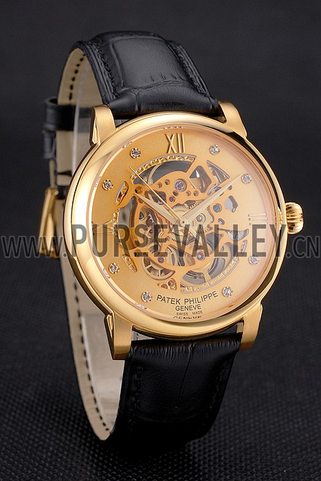 Swiss Patek Philippe Complications Openworked Dial Gold Case Black Leather Strap