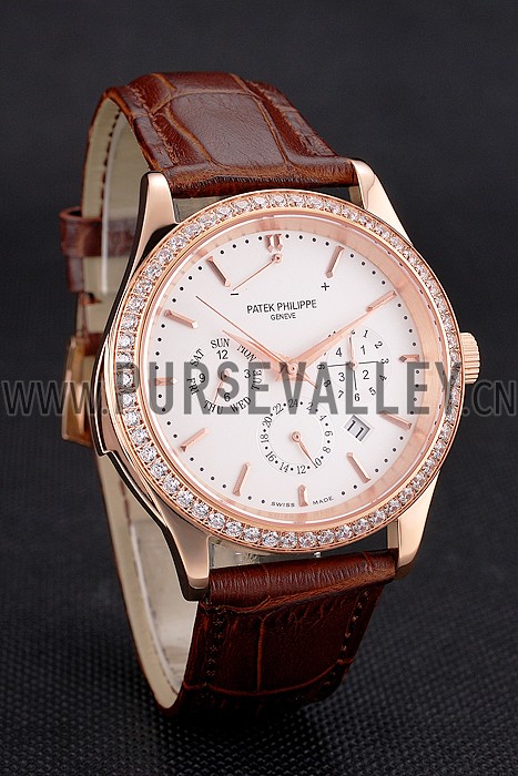 Swiss Patek Philippe Grand Complications Perpetual Calendar White Dial Rose Gold Case Diamond Bezel Brown Leather Strap