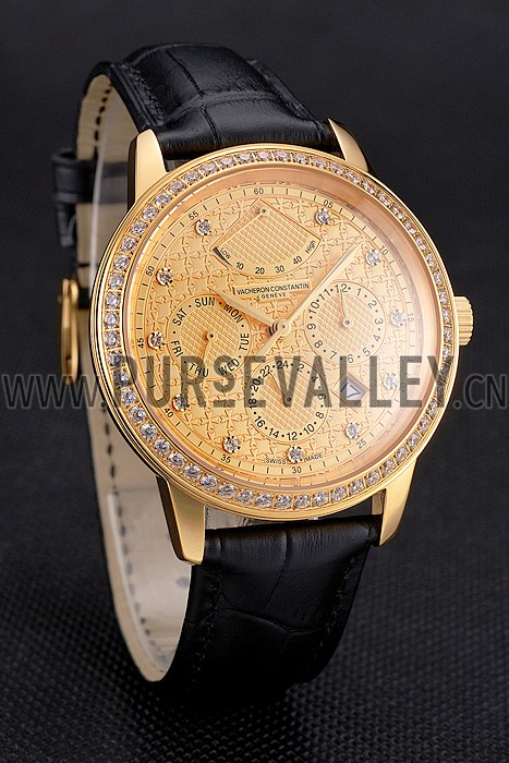 Swiss Vacheron Constantin Traditionnelle Power Reserve Gold Dial And Case Diamond Bezel Black Leather Strap