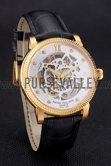 Swiss Patek Philippe Complications Openworked Dial Gold Case Fluted Bezel Black Leather Strap