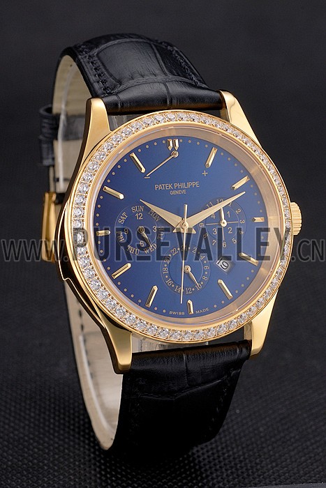 Swiss Patek Philippe Grand Complications Perpetual Calendar Blue Dial Gold Case Diamond Bezel Black Leather Strap
