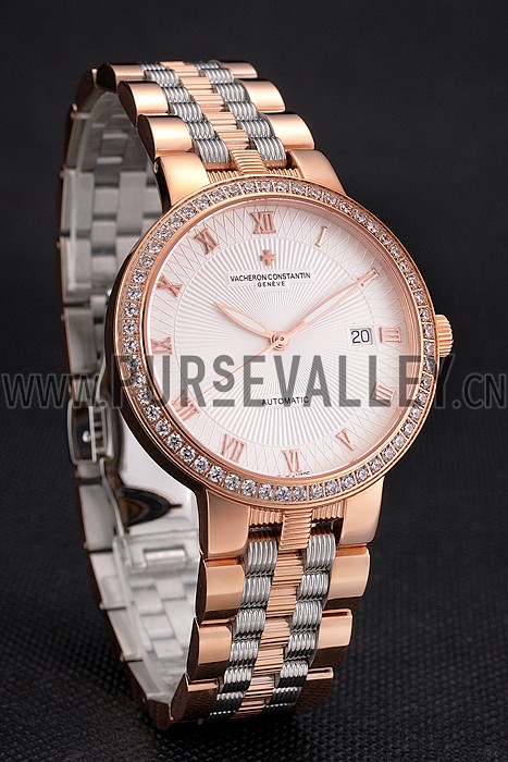 Swiss Vacheron Constantin Traditionnelle White Dial Diamond Bezel Rose Gold Case Two Tone Bracelet