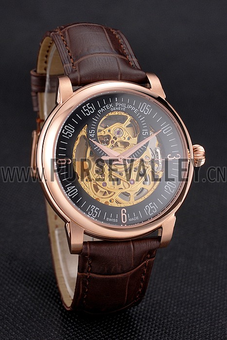 Swiss Patek Philippe Complications Openworked Dial Rose Gold Case Brown Leather Strap