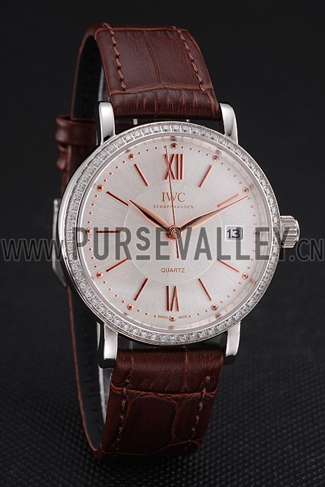 IWC Portofino Silver Dial Stainless Steel Case Diamonds Bezel Brown Leather Strap