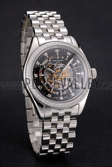 Swiss Patek Philippe Calatrava Black Openworked Dial Diamond Bezel Stainless Steel Case And Bracelet