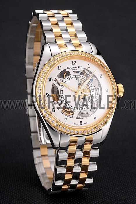 Swiss Patek Philippe Calatrava Openworked Stainless Steel Case Gold Bezel Two Tone Bracelet